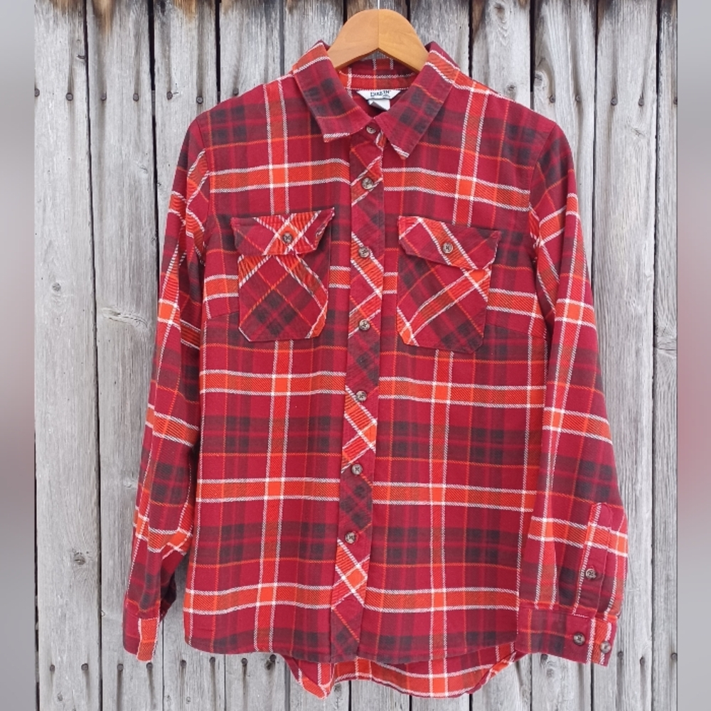 Duluth heavy workwear red orange plaid flannel button down shirt womens L